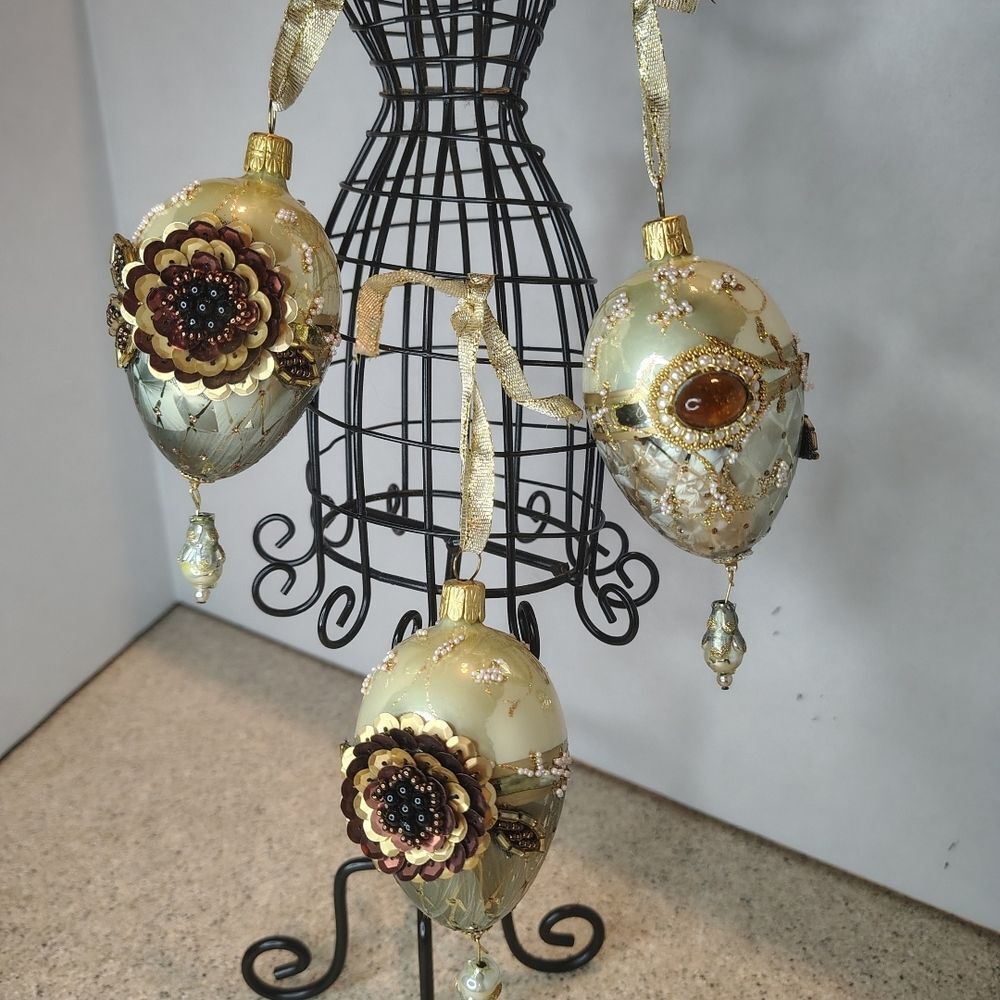 John Toole Elegant Gold and Cream Glass Floral Holiday Hanging Ornaments
